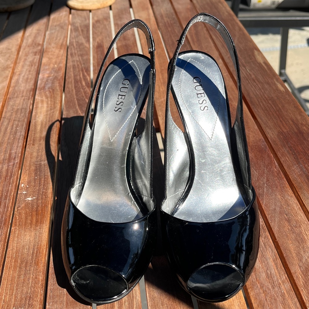 Guess Black Patent Peep Toe Heels